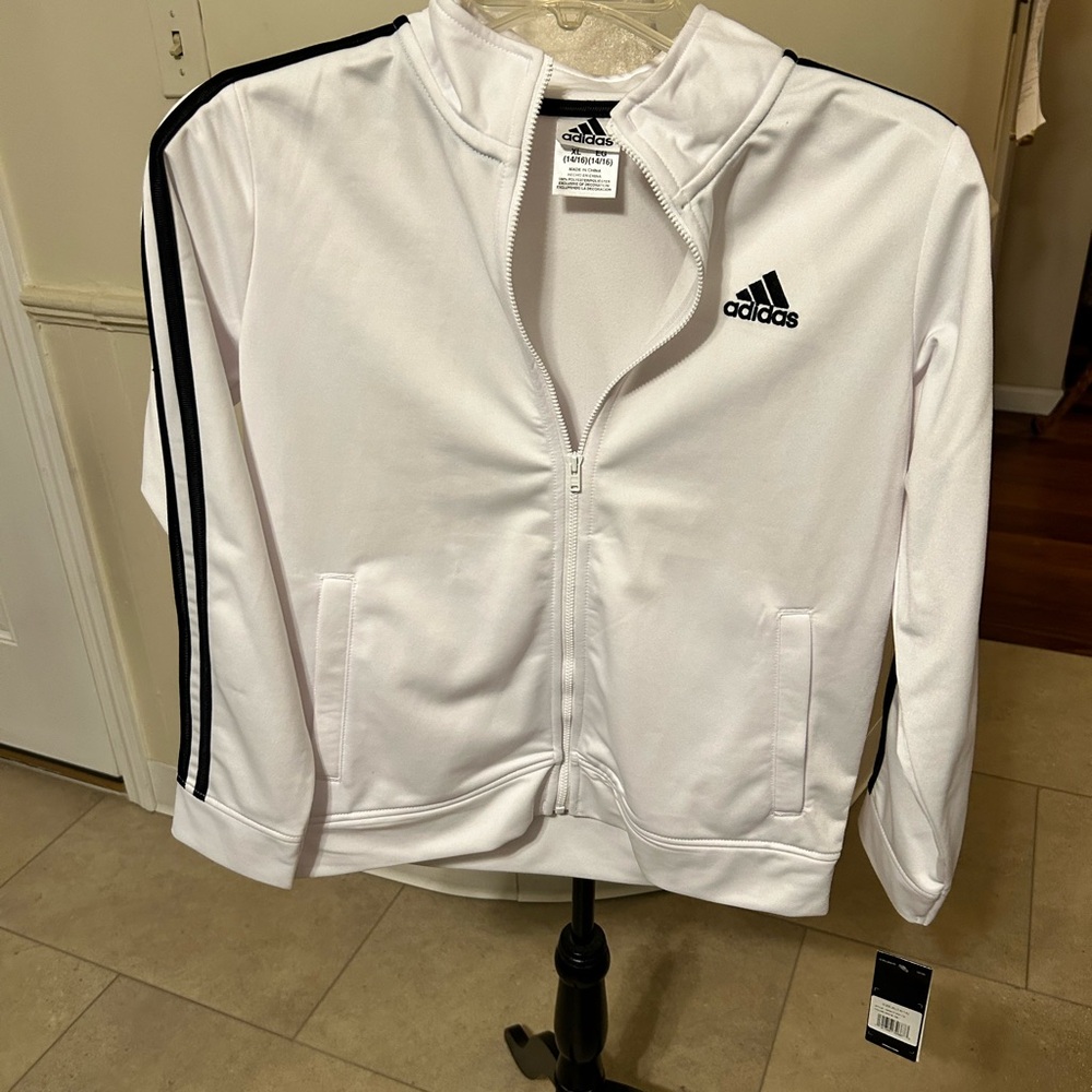 NWT Adidas Tricot Track Jacket White/Black /Juniors  XL 14/16